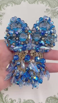 Massive Vintage Blue Rhinestone Brooch Earring Set Unsigned Designer Wired Dangle Butterfly Bow Statement Set