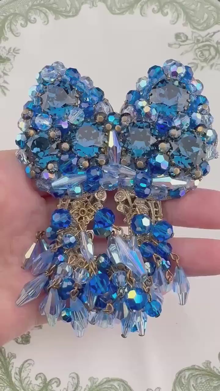 Massive Vintage Blue Rhinestone Brooch Earring Set Unsigned Designer Wired Dangle Butterfly Bow Statement Set