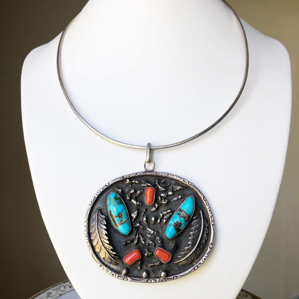 Native American Sterling Silver Coral Turquoise Pendant