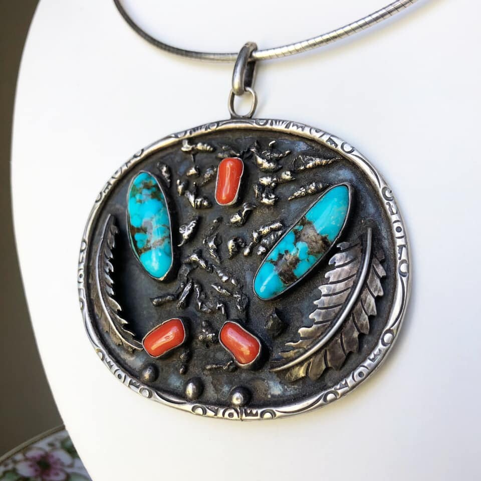 Native American Sterling Silver Coral Turquoise Pendant
