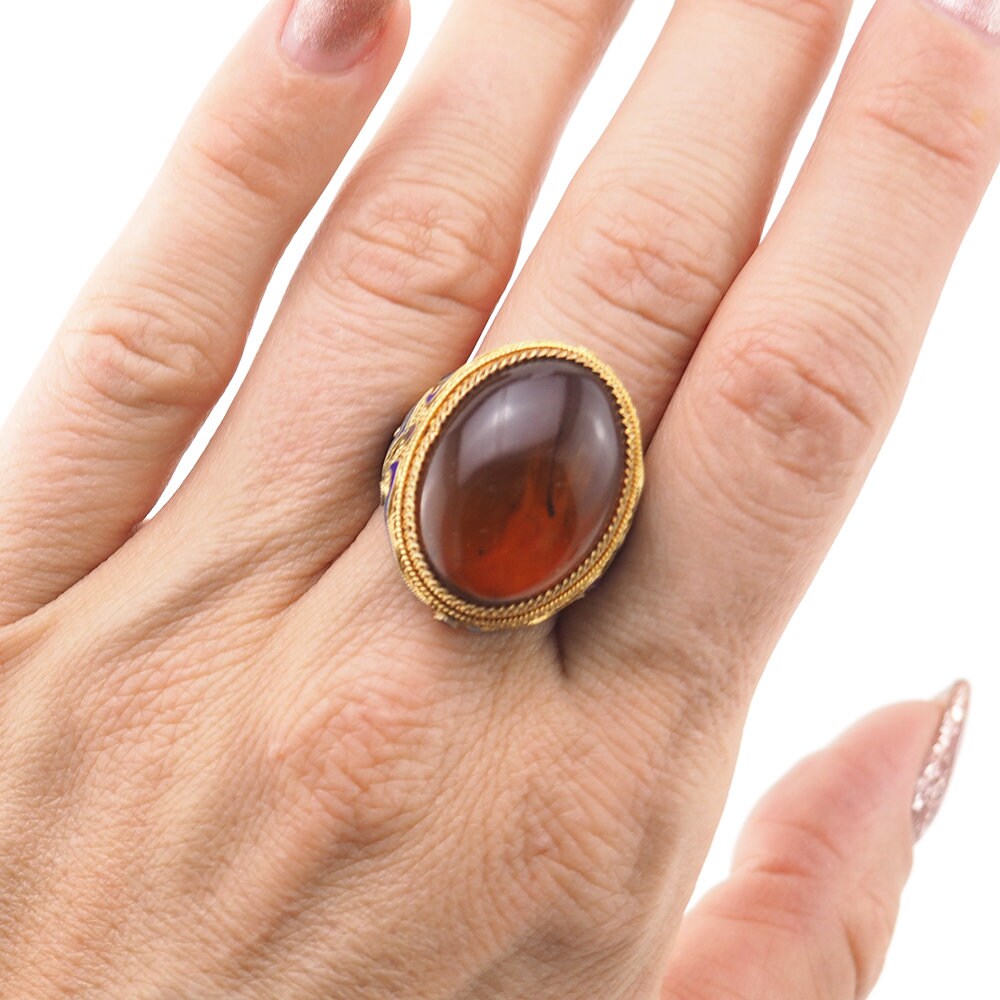 Chinese Export Ring, Filigree Ring, Amber Ring, Enamel Ring, Chinese Export Silver, Genuine Amber Ring, Chinese Ring, Gold Over Silver