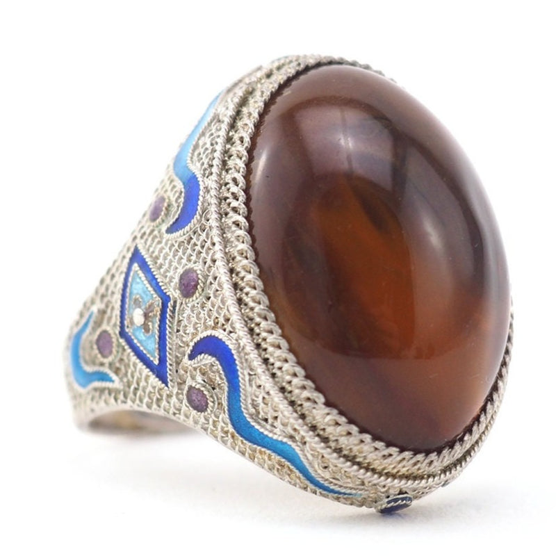 Chinese Export Silver Filigree Amber Ring