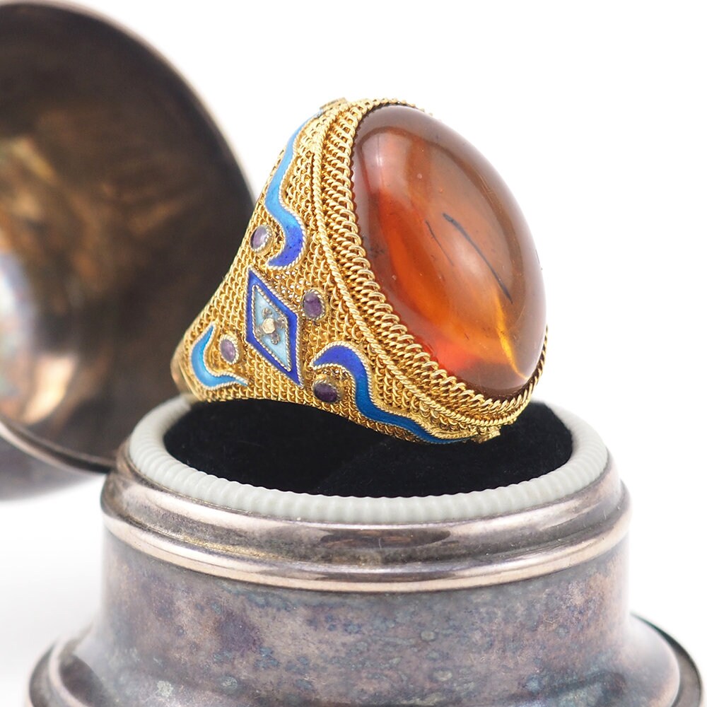 Estate Art Deco Style 2024 Amber Sterling Silver Filigree Ring