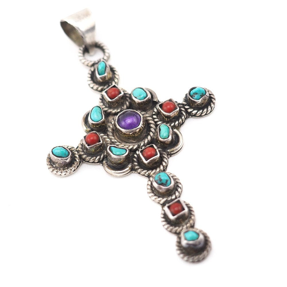 Vintage multi gem outlet silver cross