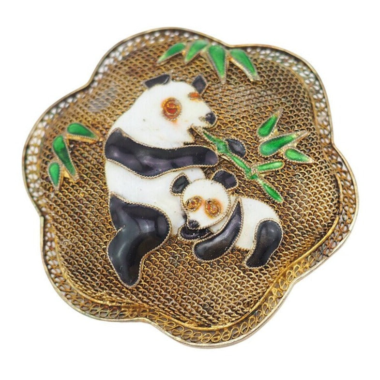 Panda Brooch, Chinese Export Brooch, Vintage Brooch, Chinese Filigree, Vintage Chinese Jewelry, Chinese Silver Jewelry, Silver Enamel Brooch