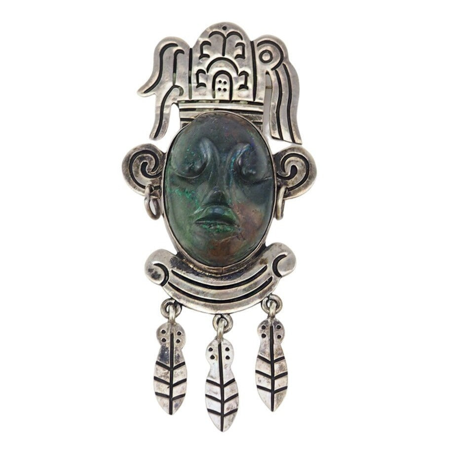 Vintage Mexican Brooch, Aztec or Mayan Tribal Warrior, Sterling Silver Brooch, Mexican Face Brooch, Vintage Brooch, Carved Face Brooch, 925