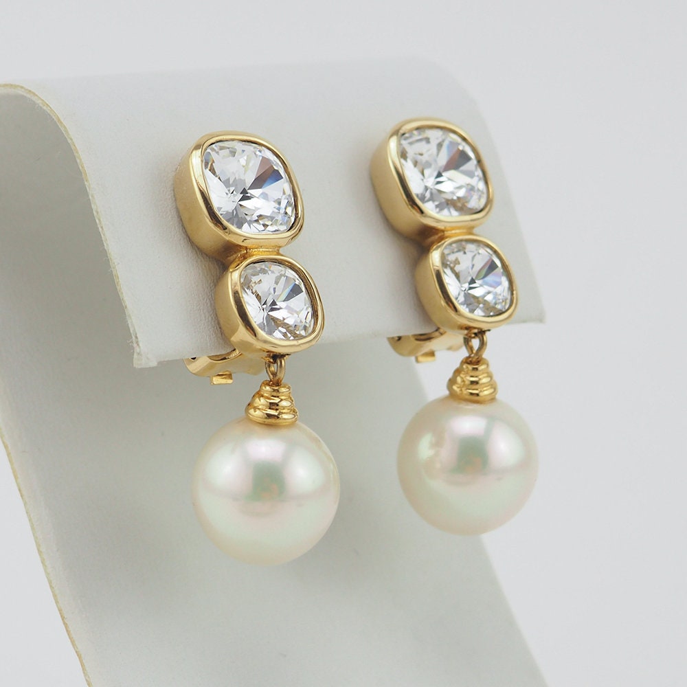 Authentic Christian Dior Earrings, Bridal Earrings, Vintage Earrings, Pearl Drop Earrings, Clip On Earrings, Gold Tone Earrings, Crystal
