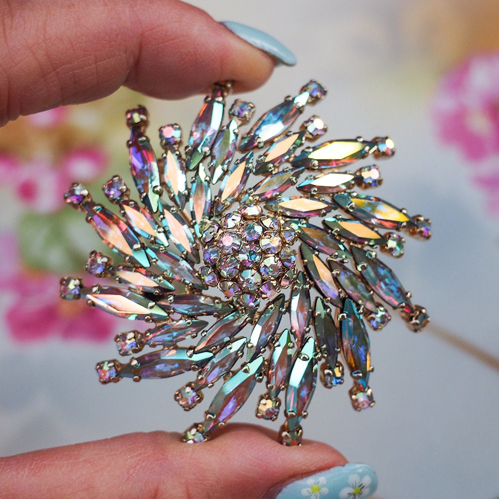 Vintage Sherman iridescent pink and aurora borealis pin 2024 or antique brooch