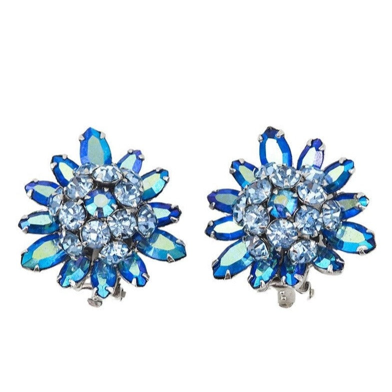 Sherman Earrings, Blue Rhinestone Earrings, Clip On, Crystal Earrings, Vintage Rhinestone Earrings, Bridal Earrings, Flower Earrings