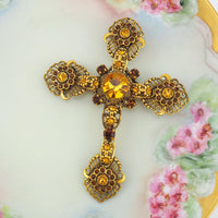 Vintage Cross Pendant, Vintage Cross Brooch, West Germany Jewelry, Filigree Cross, Rhinestone Cross, Orange Rhinestone, Crystal Cross Brooch