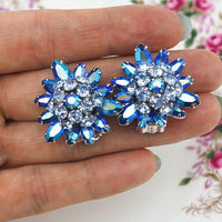 Sherman Earrings, Blue Rhinestone Earrings, Clip On, Crystal Earrings, Vintage Rhinestone Earrings, Bridal Earrings, Flower Earrings