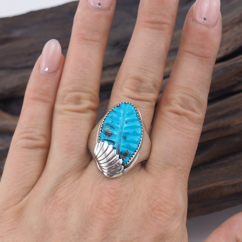 Loyolita Othole Zuni, Carved Turquoise Ring, Leaf Ring, Size 15, Sterling Silver, 925 Ring, Southwestern Ring, Native American Ring