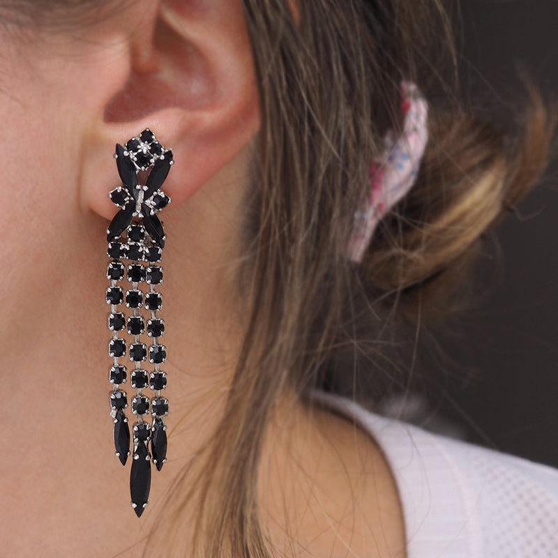 Vintage Rhinestone Earrings, Black Rhinestone Earrings, Long Drop Earrings, Continental Earrings, Continental Jewelry, Clip On earrings