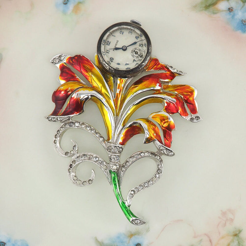 Watch Brooch, Vintage Watch, Lapel Watch, Enamel Flower, 1940s Watch, Retro Watch, Swiss Watch, Monroe Watch, 1940s Brooch, Flower Brooch