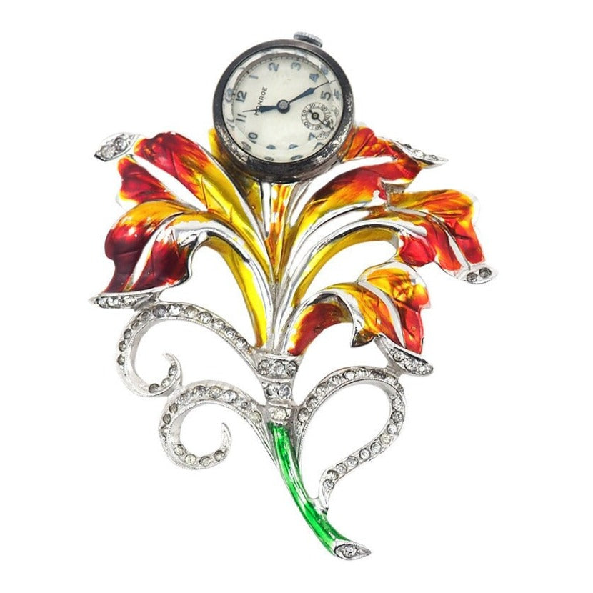 Watch Brooch, Vintage Watch, Lapel Watch, Enamel Flower, 1940s Watch, Retro Watch, Swiss Watch, Monroe Watch, 1940s Brooch, Flower Brooch