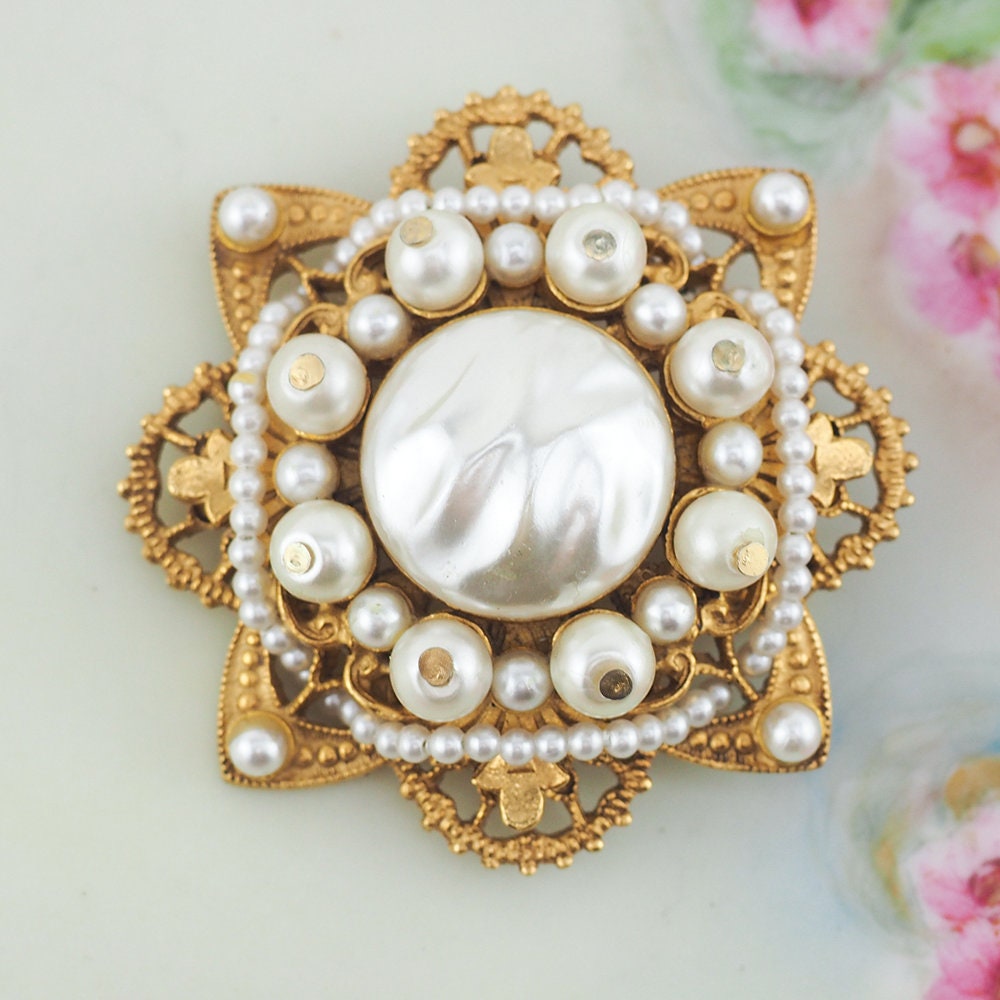 90s Vintage Salo Pearl and Pave Encrusted shops Broach