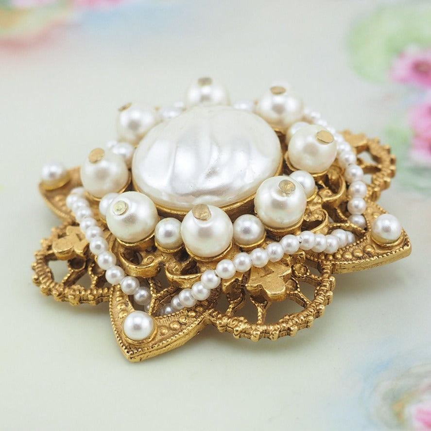 Vintage FLORENZA Art Glass Rhinestone Floral Spray Brooch, Signed Faux Pearl Pin, 2024 1960s Costume Jewelry