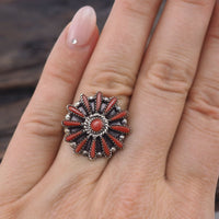 Coral Ring, Sterling Silver Ring, Needlepoint Ring, Needlepoint Coral, Zuni Ring, Southwestern Ring, Round Ring, Size 7 1/4