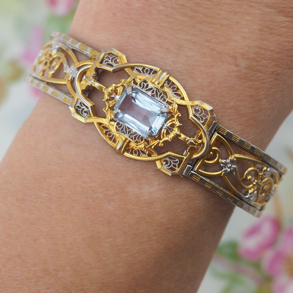 Art Deco store Czech Topaz Bracelet, Vintage Gold Filigree Bracelet, Estate Jewelry Large Bracelet, Statement Victorian Wedding, Saw Toothed Bezel