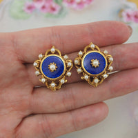 Florenza Earrings, Rainnasance Revival, Guilloché Earrings, Vintage Earrings, Clip On Earrings, Florenza Jewelry, Blue Enamel, Faux Pearl