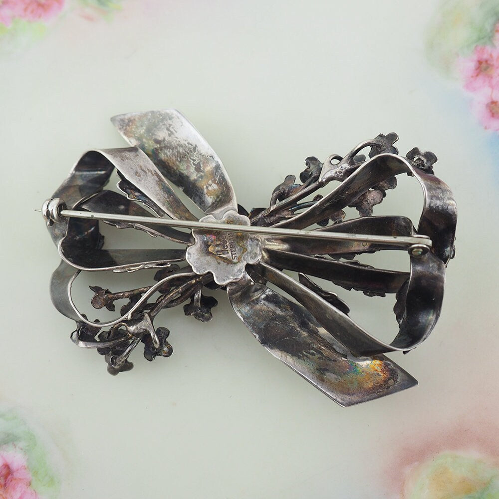 VINTAGE ITALIAN STERLING popular SILVER FLOWERS & BOW BROOCH