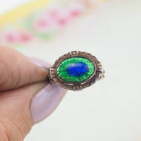 Peacock Eye Ring, Arts and Crafts Ring, Antique Ring, Sterling Silver Ring, Handmade Ring, Peacock Eye Glass, Size 5, 925 Ring