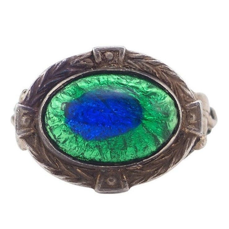 Peacock Eye Ring, Arts and Crafts Ring, Antique Ring, Sterling Silver Ring, Handmade Ring, Peacock Eye Glass, Size 5, 925 Ring