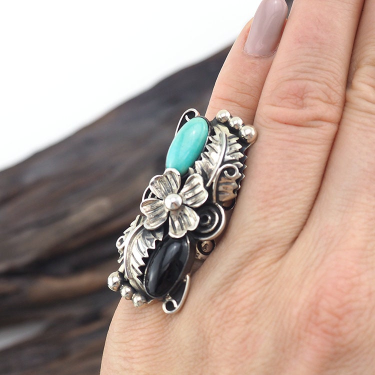 Southwestern Ring, Mexican Silver Ring, Statement Ring, Sterling Silver Ring, Size 5, Flower Ring, Onyx and Turquoise, Mexican Silver, 925