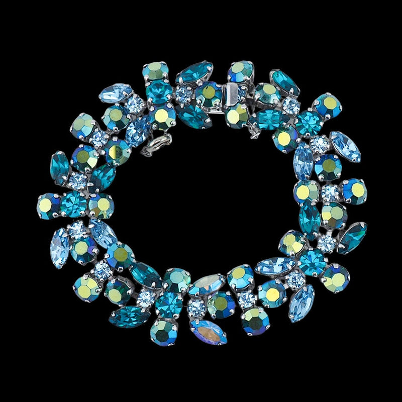 Sherman Bracelet, Teal and Blue, Rhinestone Bracelet, Bridal Bracelet, Vintage Bracelet, Aurora Borealis, Gustave Sherman, 1960s Bracelet