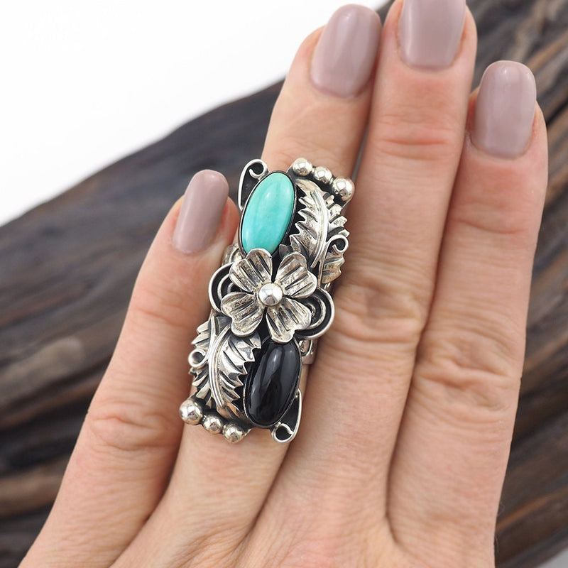 Southwestern Ring, Mexican Silver Ring, Statement Ring, Sterling Silver Ring, Size 5, Flower Ring, Onyx and Turquoise, Mexican Silver, 925