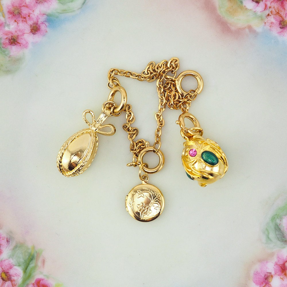 Joan Rivers Charms, Joan Rivers Egg, Charm Extension, Set of 3, Faberge Egg, Egg Necklace, Gold-Tone Charms, Locket Charm, Egg Charms