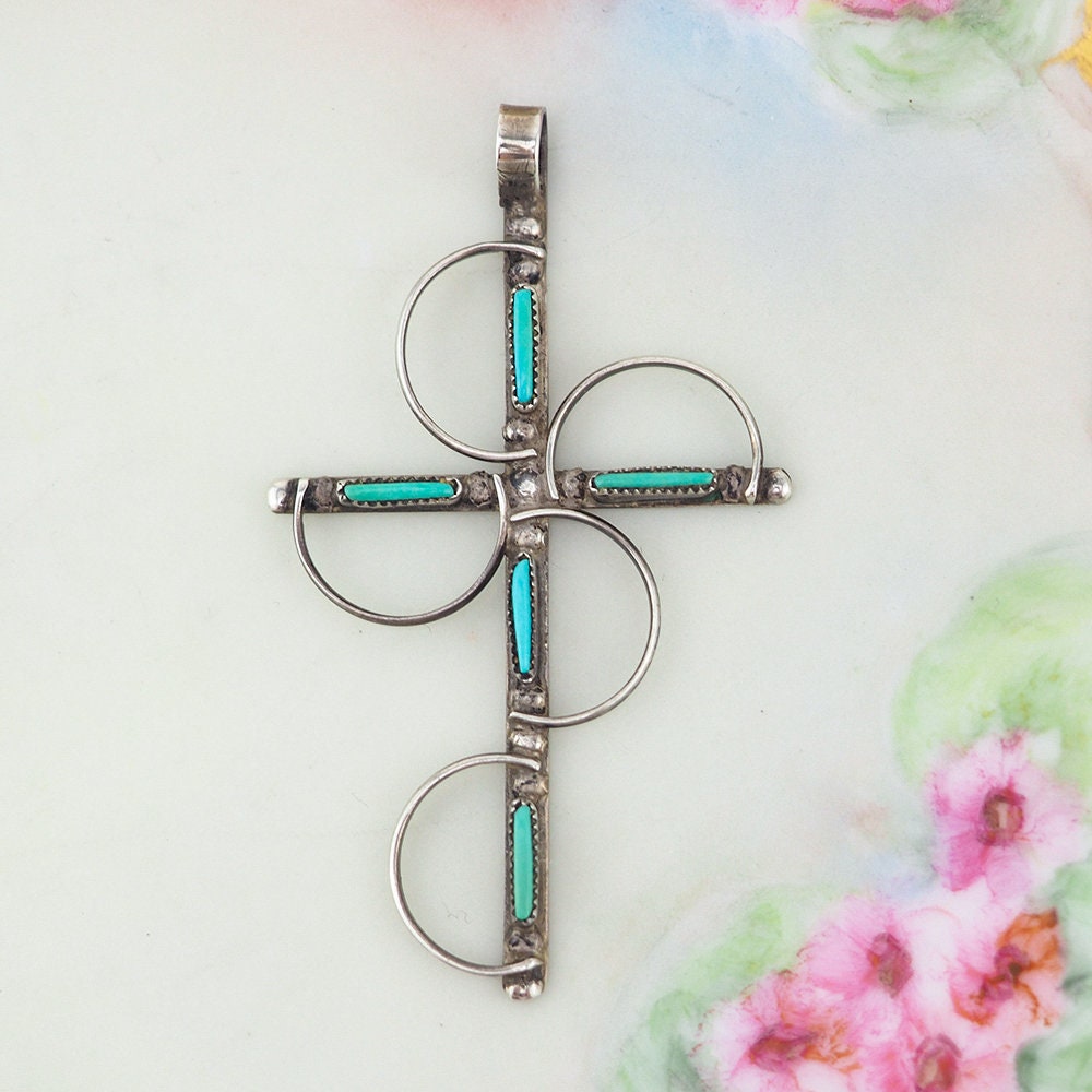 Zuni Cross Pendant, Needlepoint Turquoise, Native American Cross, Sterling Silver Turquoise, Pendant Necklace, Handmade Silver Cross Pendant