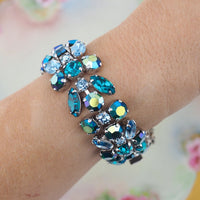 Sherman Bracelet, Teal and Blue, Rhinestone Bracelet, Bridal Bracelet, Vintage Bracelet, Aurora Borealis, Gustave Sherman, 1960s Bracelet