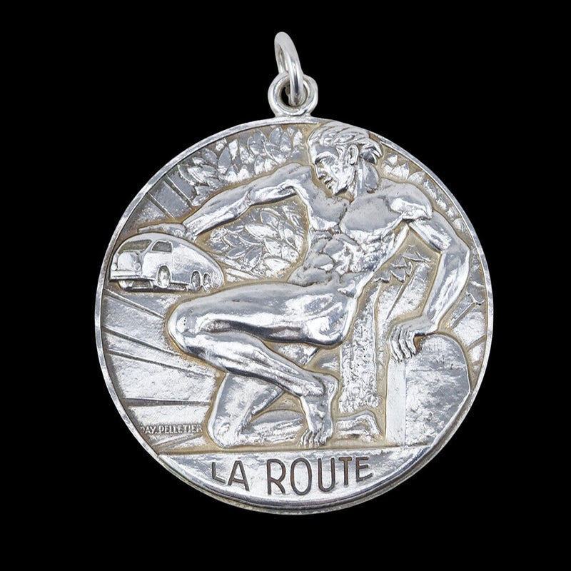 Vintage Silver Medal, Transportation Medal, Medal Pendant, Art Deco Medal, LA ROUTE, Ray Pelletier Silver Pendant, Antique Pendant