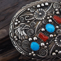 Native Silver Buckle, Artist Signed, Eagle Buckle, Turquoise Buckle, Coral Belt Buckle, Sterling Silver Buckle, Large Silver Buckle, 925