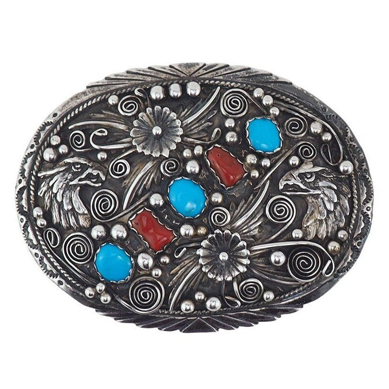 Native Silver Buckle, Artist Signed, Eagle Buckle, Turquoise Buckle, Coral Belt Buckle, Sterling Silver Buckle, Large Silver Buckle, 925
