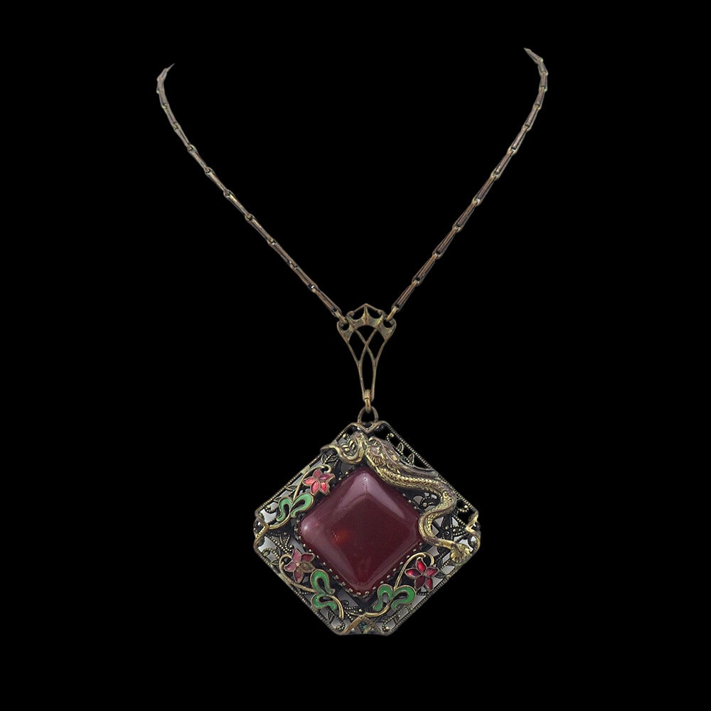 Czech Dragon Necklace, Vintage Necklace, Vintage Czech Necklace, Art Deco Necklace, Art Nouveau Style, Brass Necklace, Carnelian Glass