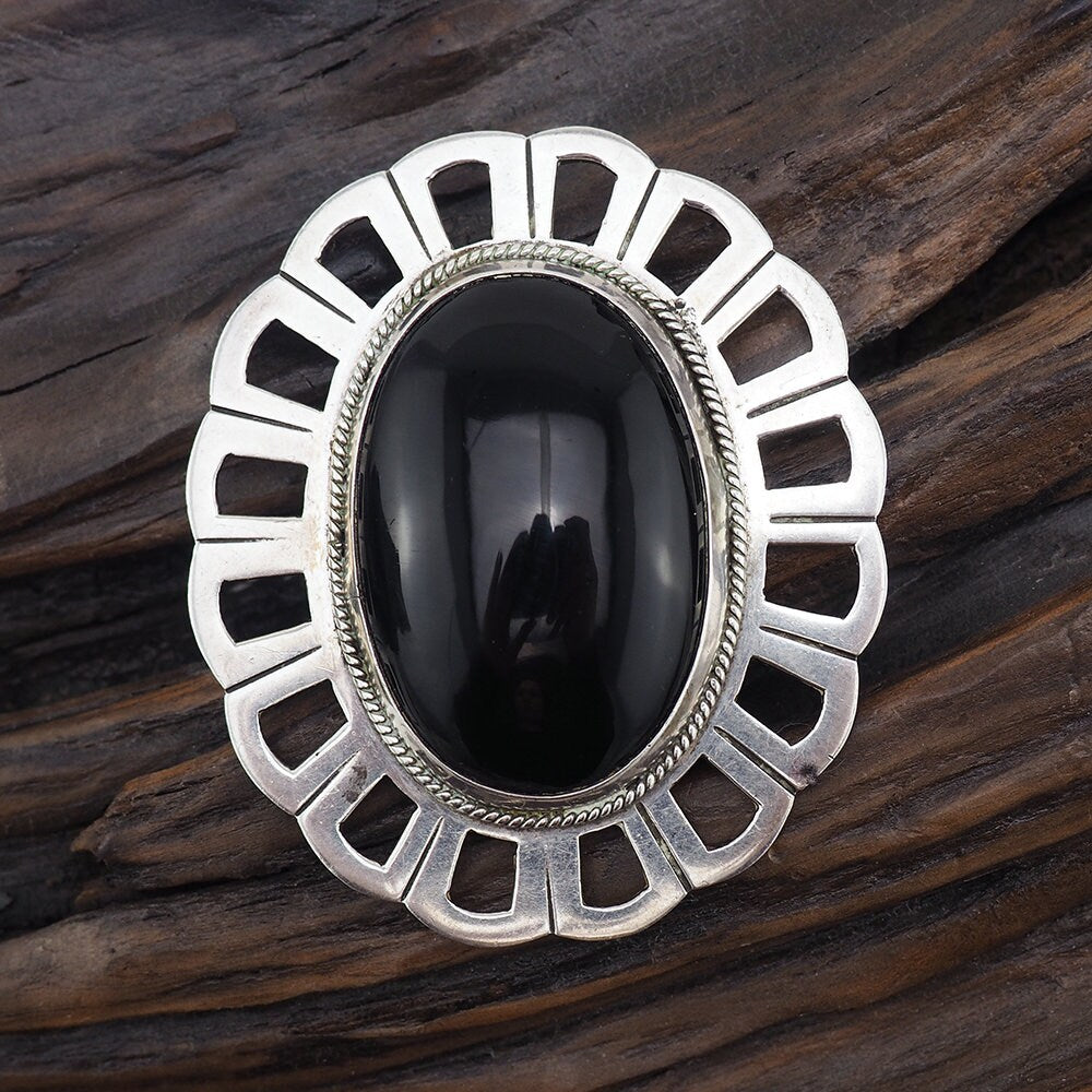 Large Pendant, Onyx Pendant, Silver Pendant, Pendant Brooch, Vintage Pendant, Mexican Pendant, Black Stone Pendant, Mexican Silver, 925