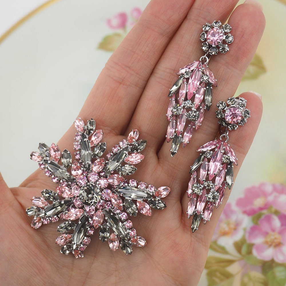 Vintage Bright Pink & Smokey 2024 Grey Foiled Rhinestone Brooch & Sterling Earrings