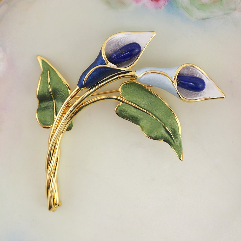 Enamel Flower Brooch, Lily Brooch, Lapis Lazuli Brooch, Gold-Tone Brooch, Flower Brooch, Enamel Brooch, Vintage Brooch
