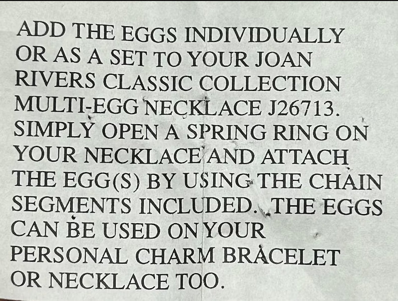 Joan Rivers Charms, Joan Rivers Egg, Charm Extension, Set of 3, Faberge Egg, Egg Necklace, Pitcher Charm, Heart Egg Charm, Knife Egg Charm