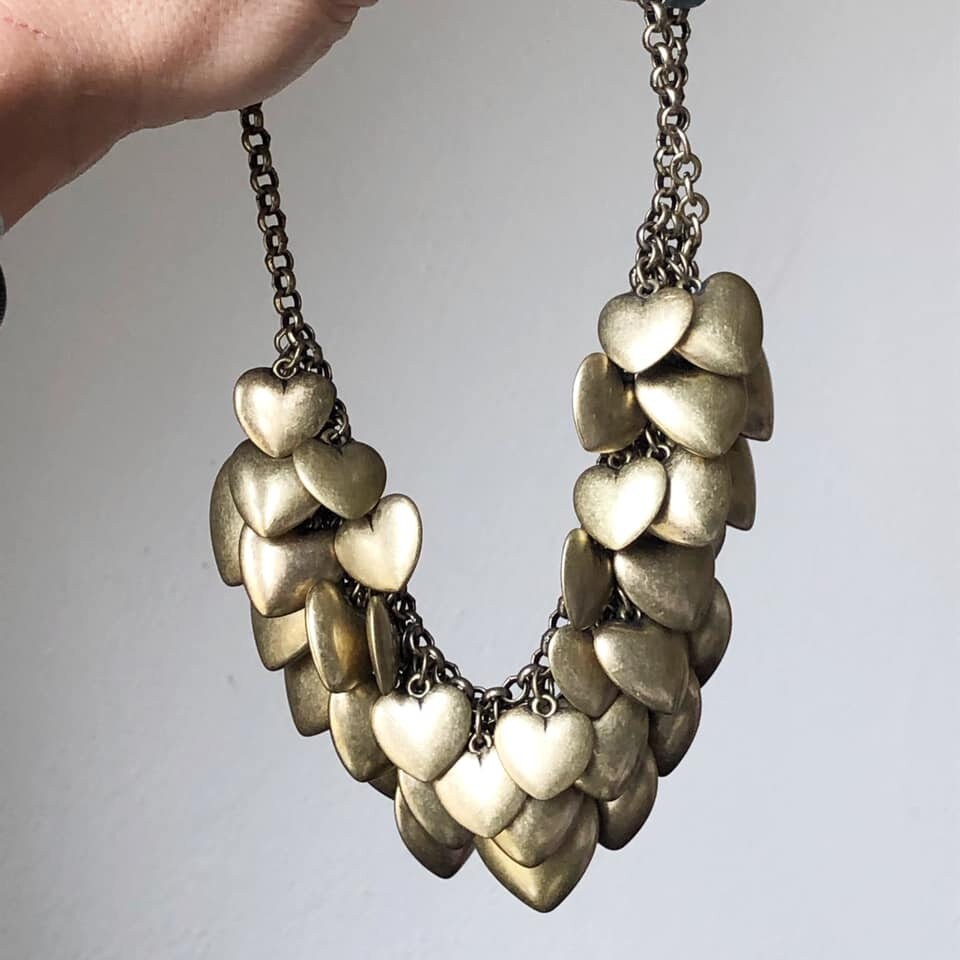 Joan Rivers Necklace, Puffy Heart Necklace, Joan Rivers Jewelry, Bauble Necklace, Vintage Style Necklace, Aged Brass, Statement Necklace