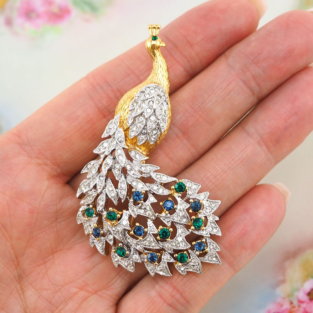 CINER　サイナー　ヴィンテージ　ピーコック　ビジュー　ブローチ　ジュエリー Vintage Designer Rhinestone Peacock Brooch – Vintage Jewelry Girl