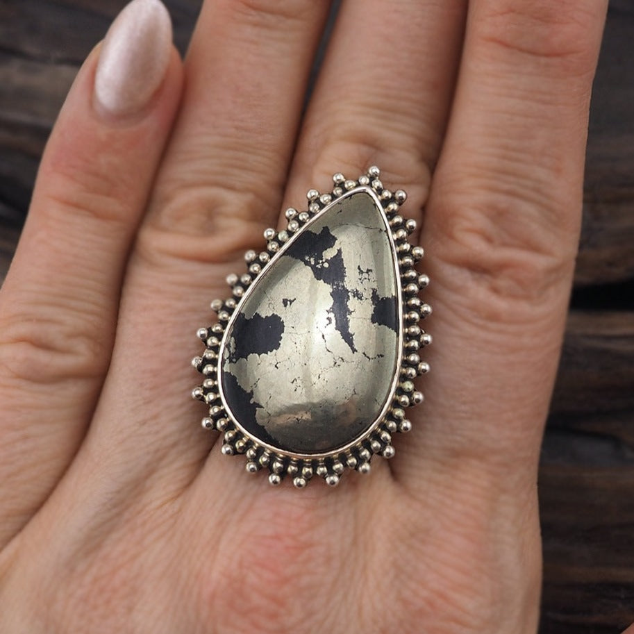 Pyrite Ring, Sterling Silver Ring, Statement Ring, Unique Ring, Teardrop Ring, Gemstone Ring, Large Ring, Woman's Ring, 925 Ring