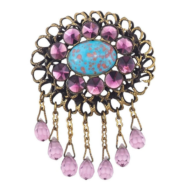 Broche Vintage Rosace Or Avec Cristal Améthyste - Modèle Délicat N°4517 - Occasion