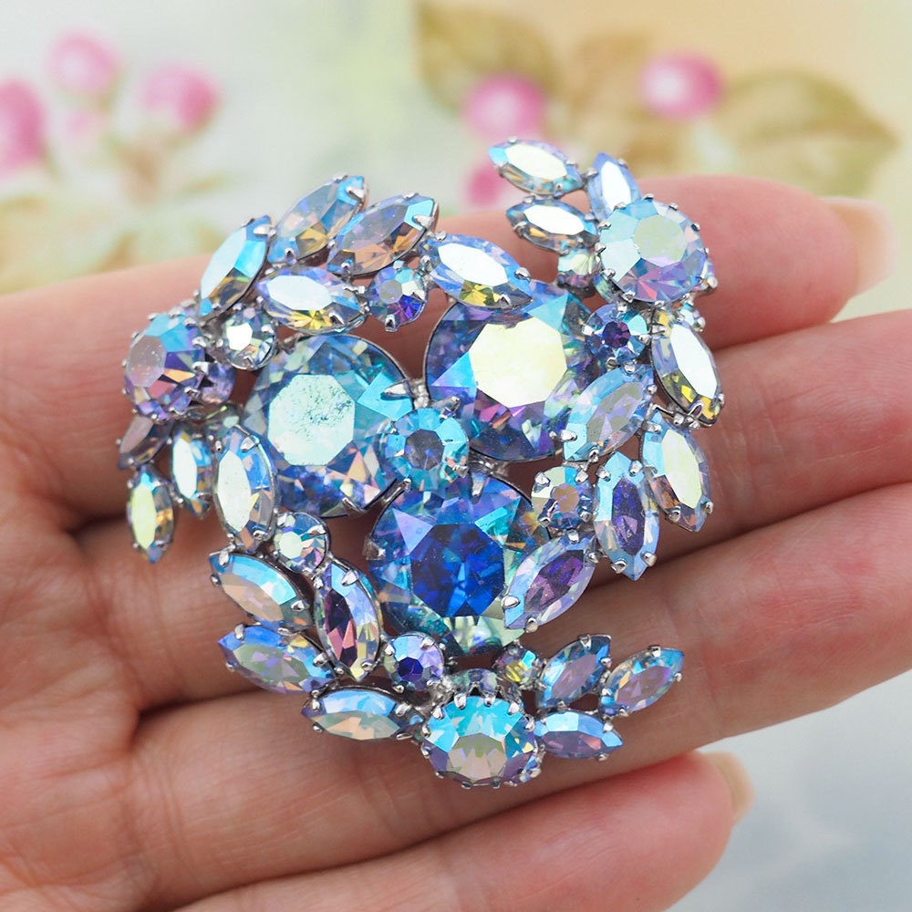 Vintage Sherman Blue Aurora Borealis Brooch - Main Image