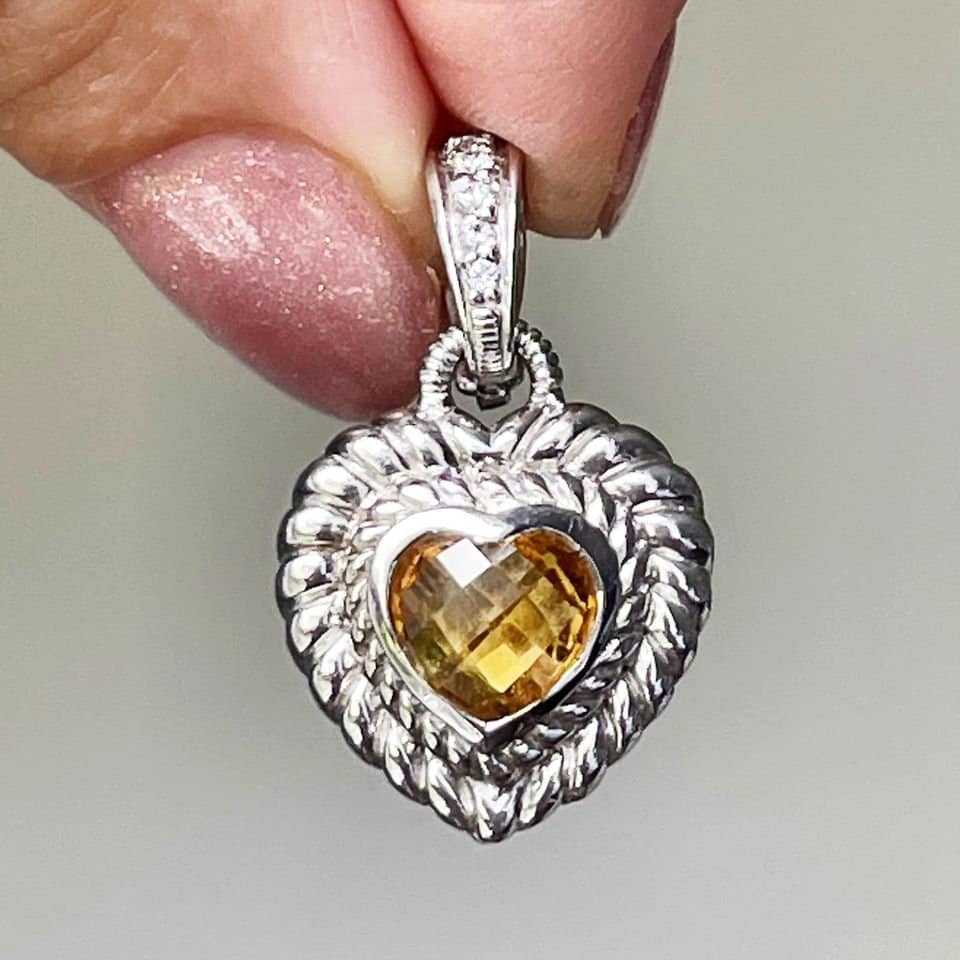 Judith Ripka .925 Sterling Silver & Yellow Stone Heart best Shaped Pendant